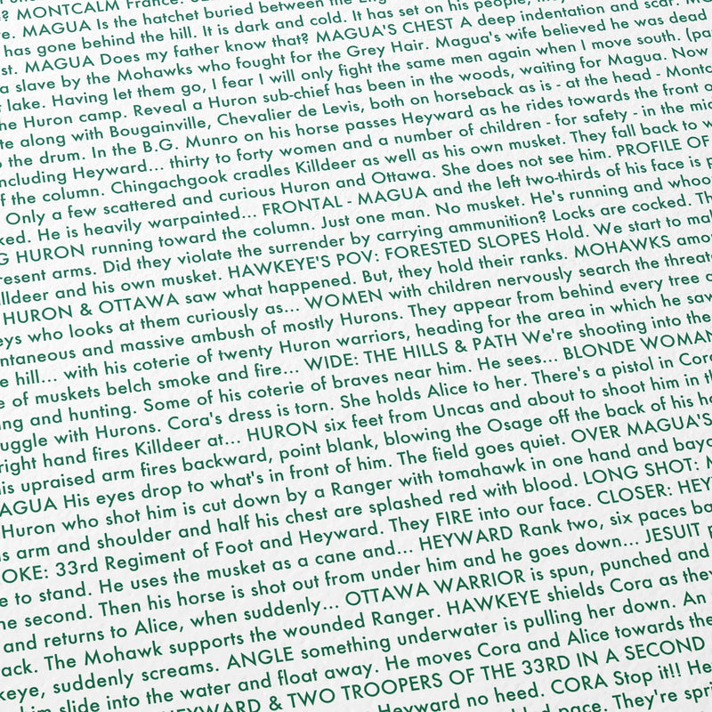 Close-up detail of the The Last of the Mohicans movie script poster showing dense typographic text.