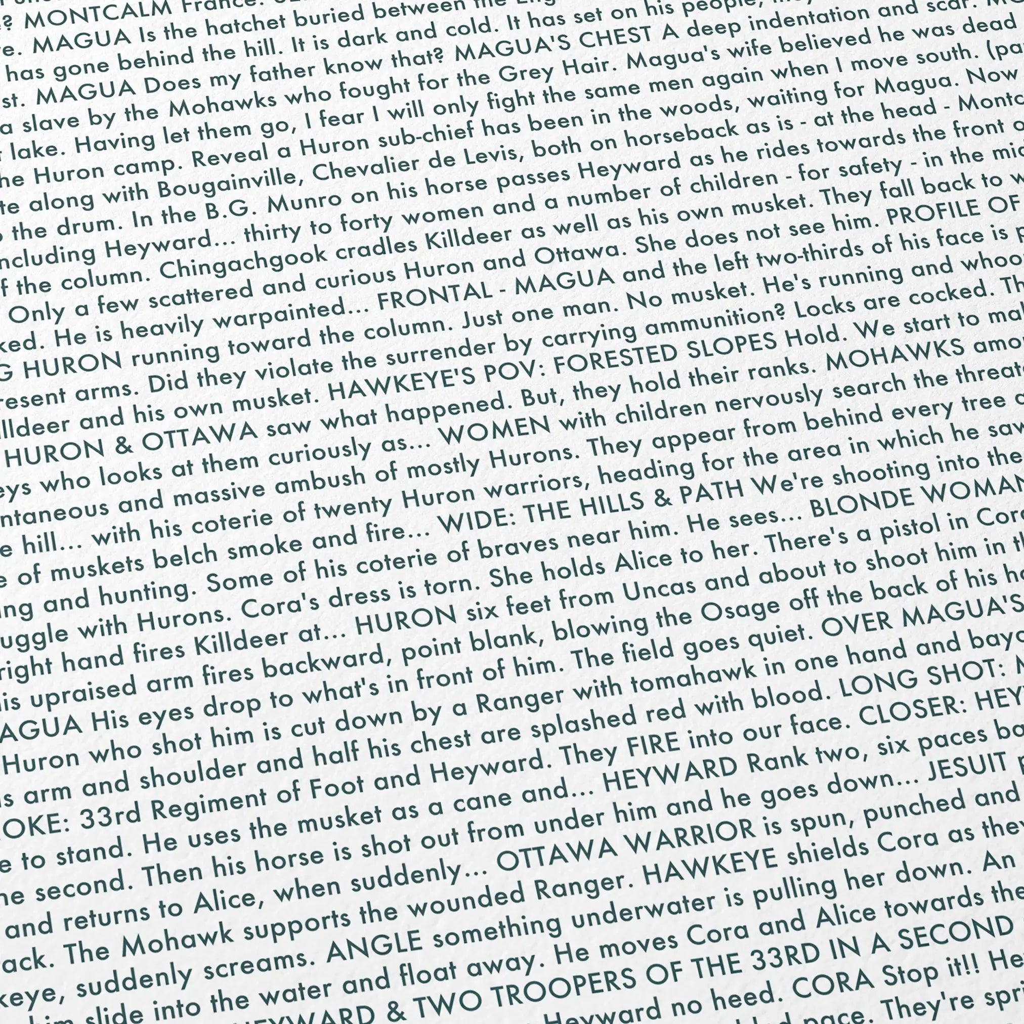 Close-up detail of the The Last of the Mohicans movie script poster showing dense typographic text.