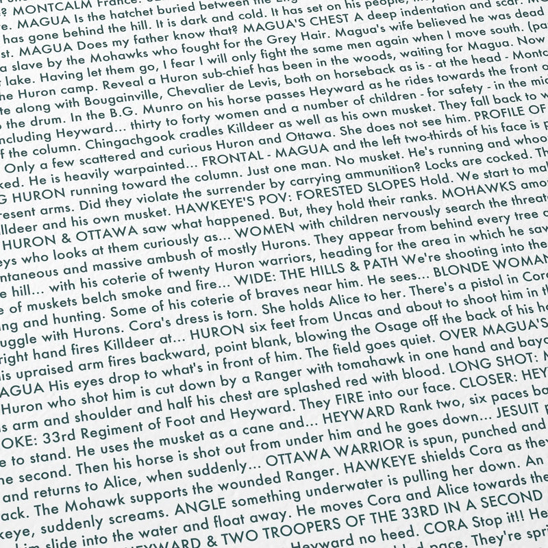 Close-up detail of the The Last of the Mohicans movie script poster showing dense typographic text.
