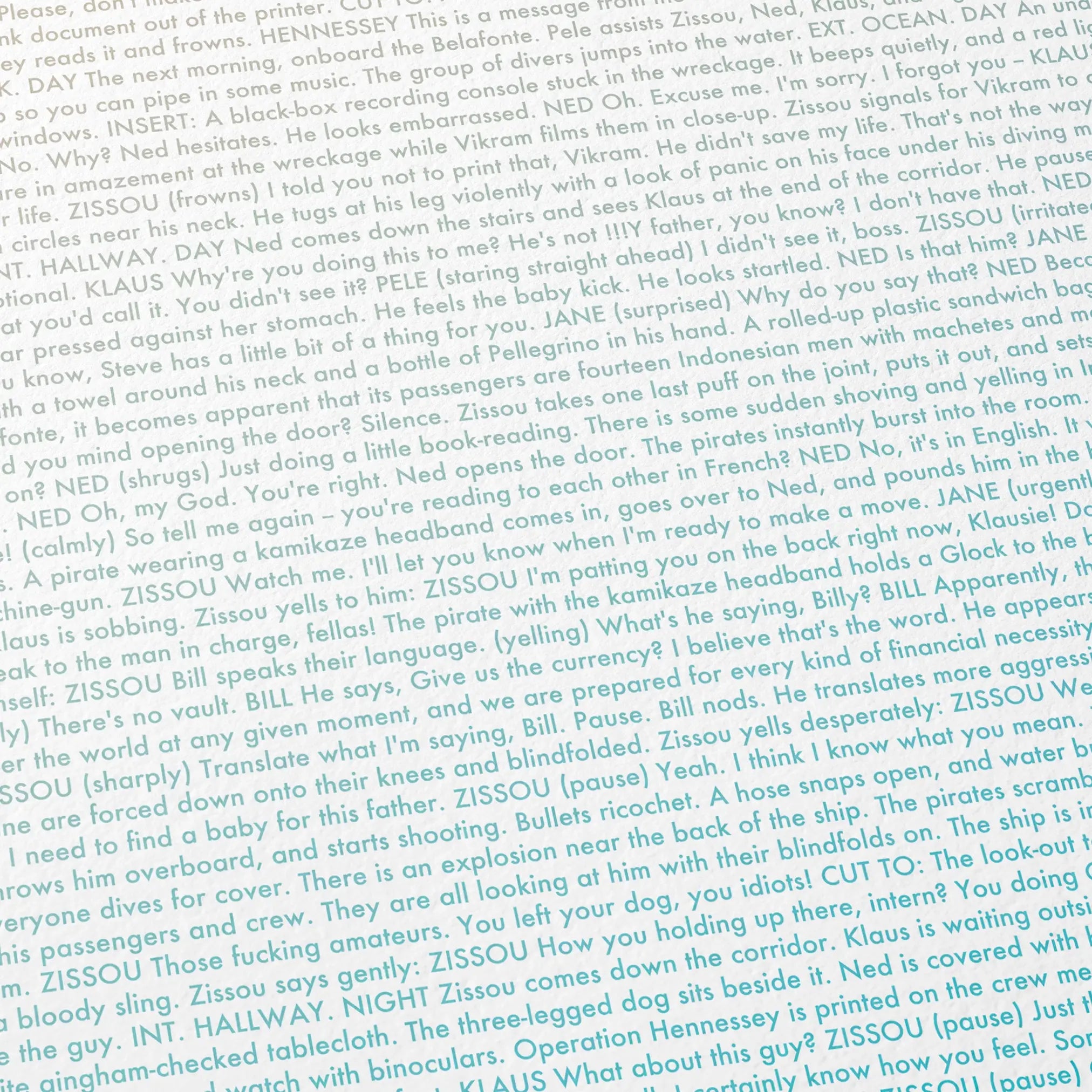 Close-up detail of the The Life Aquatic with Steve Zissou movie script poster showing dense typographic text.