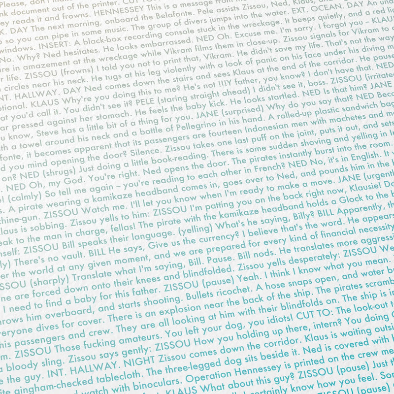 Close-up detail of the The Life Aquatic with Steve Zissou movie script poster showing dense typographic text.