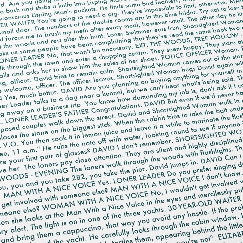 Close-up detail of the The Lobster movie script poster showing dense typographic text.