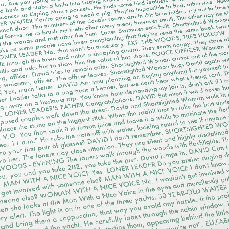 Close-up detail of the The Lobster movie script poster showing dense typographic text.