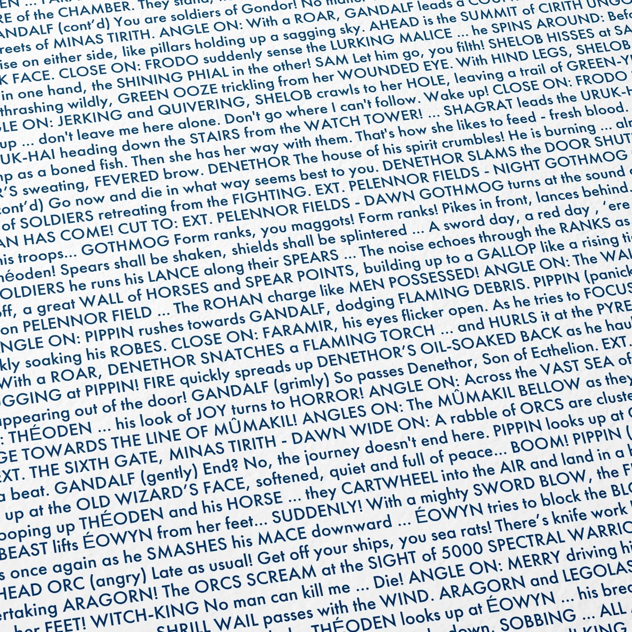 Close-up detail of the The Lord of the Rings: The Return of the King movie script poster showing dense typographic text.