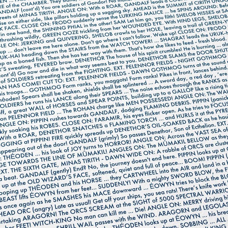 Close-up detail of the The Lord of the Rings: The Return of the King movie script poster showing dense typographic text.