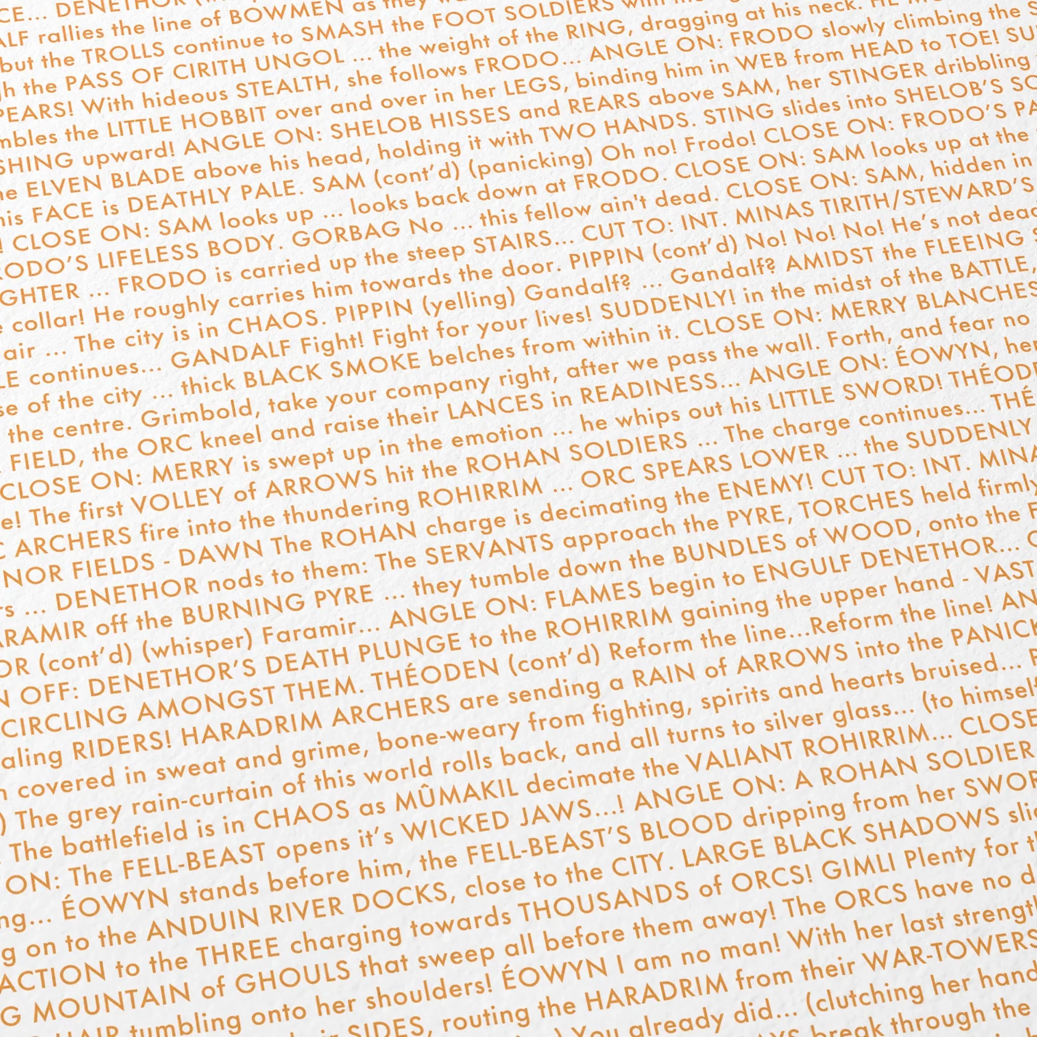 Close-up detail of the The Lord of the Rings: The Return of the King movie script poster showing dense typographic text.