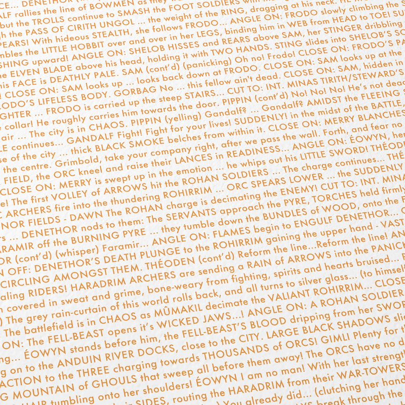 Close-up detail of the The Lord of the Rings: The Return of the King movie script poster showing dense typographic text.