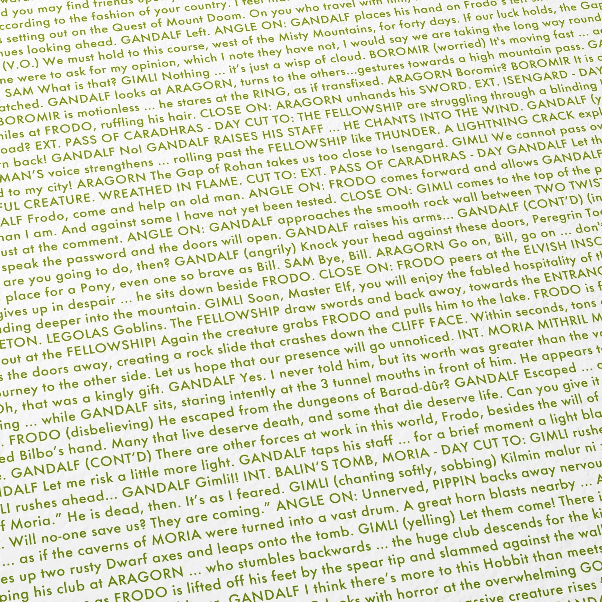Close-up detail of the The Lord of the Rings: The Fellowship of the Ring movie script poster showing dense typographic text.