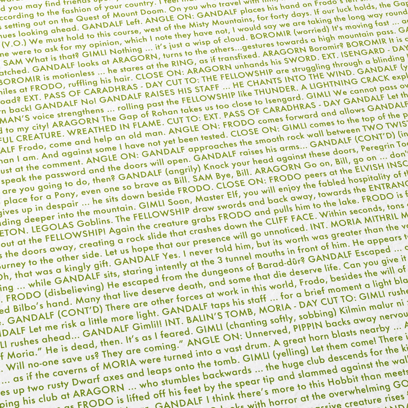 Close-up detail of the The Lord of the Rings: The Fellowship of the Ring movie script poster showing dense typographic text.