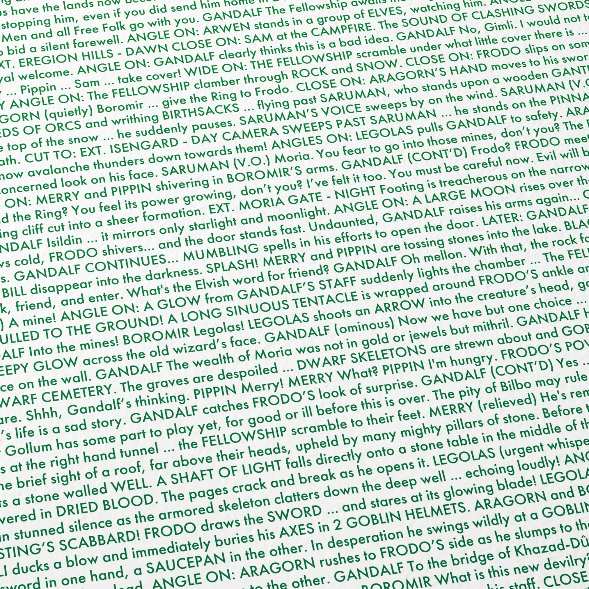 Close-up detail of the The Lord of the Rings: The Fellowship of the Ring movie script poster showing dense typographic text.