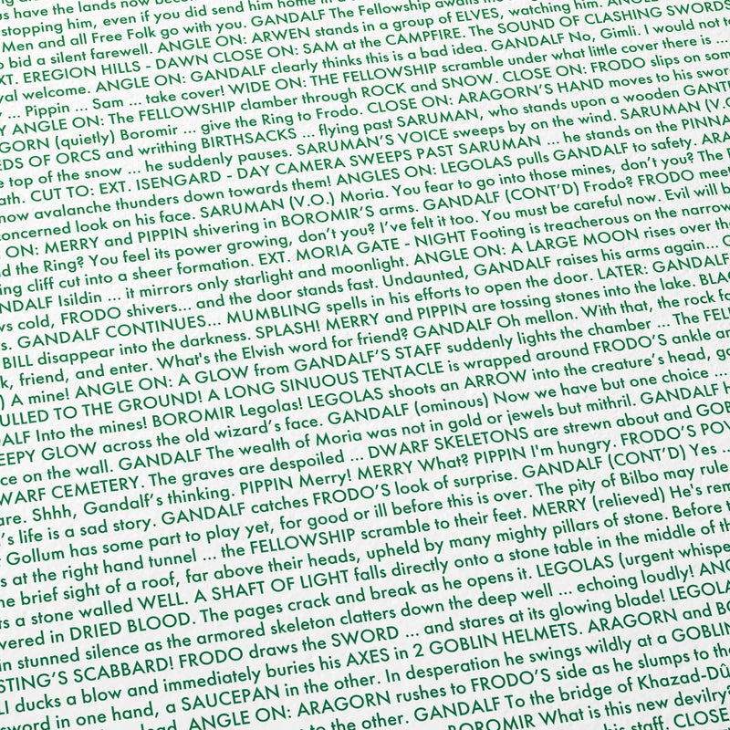 Close-up detail of the The Lord of the Rings: The Fellowship of the Ring movie script poster showing dense typographic text.