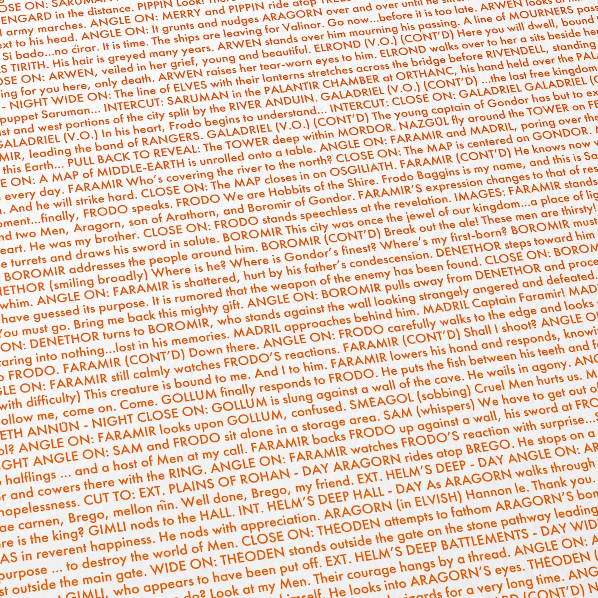 Close-up detail of the The Lord of the Rings: The Two Towers movie script poster showing dense typographic text.