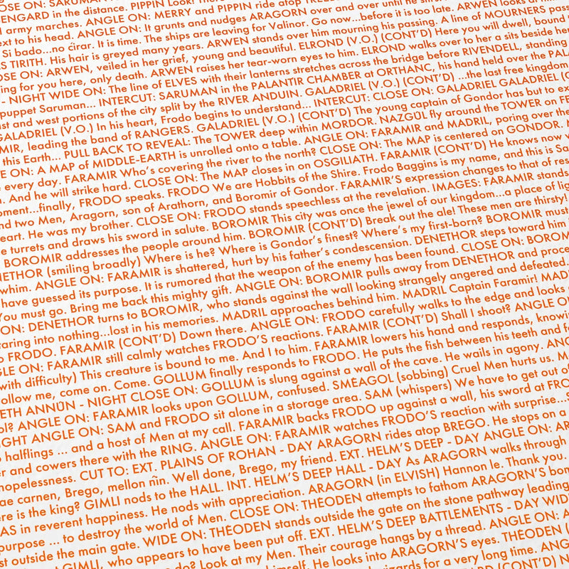 Close-up detail of the The Lord of the Rings: The Two Towers movie script poster showing dense typographic text.
