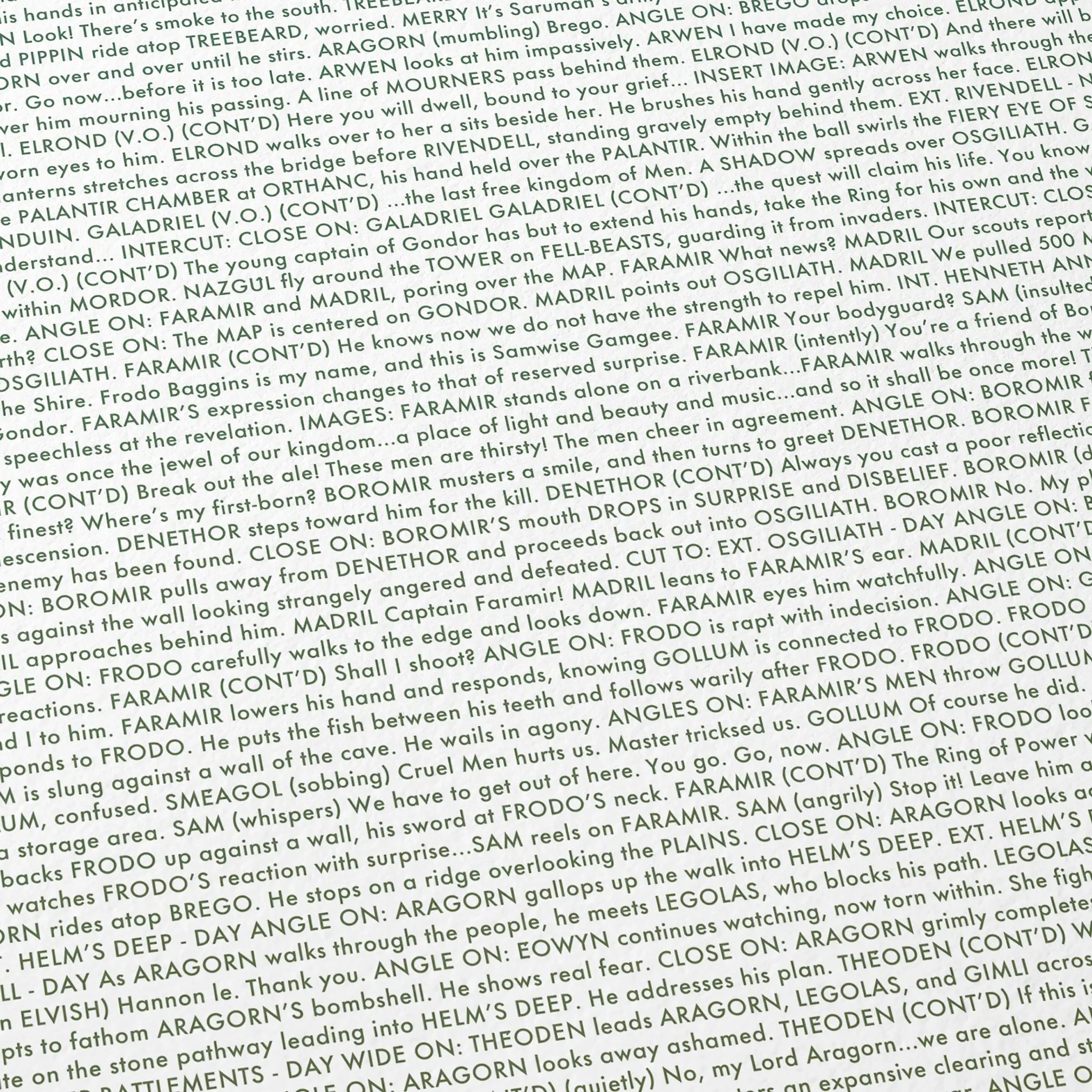 Close-up detail of the The Lord of the Rings: The Two Towers movie script poster showing dense typographic text.
