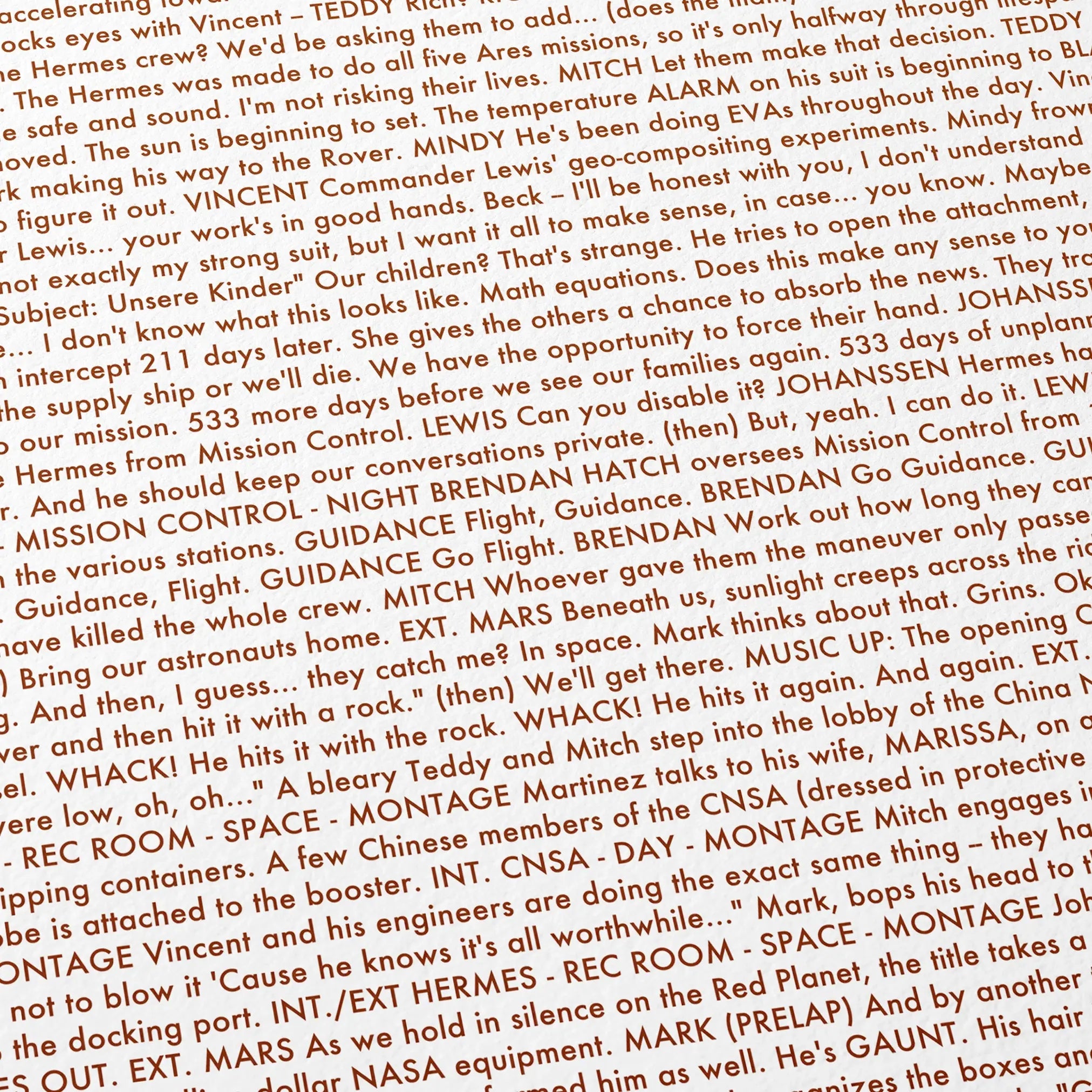Close-up detail of the The Martian movie script poster showing dense typographic text.