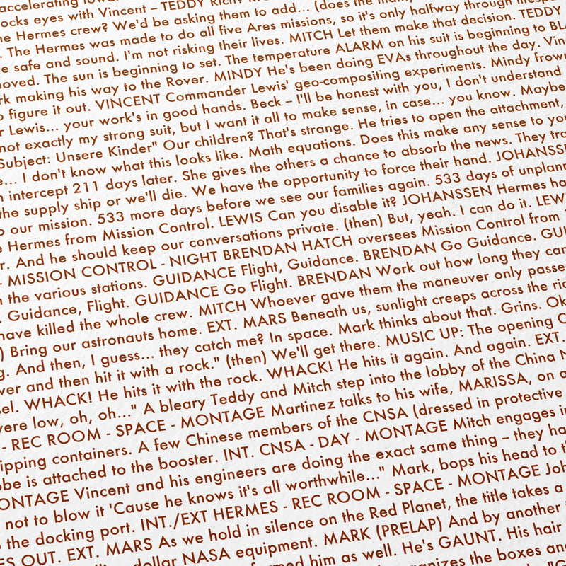 Close-up detail of the The Martian movie script poster showing dense typographic text.