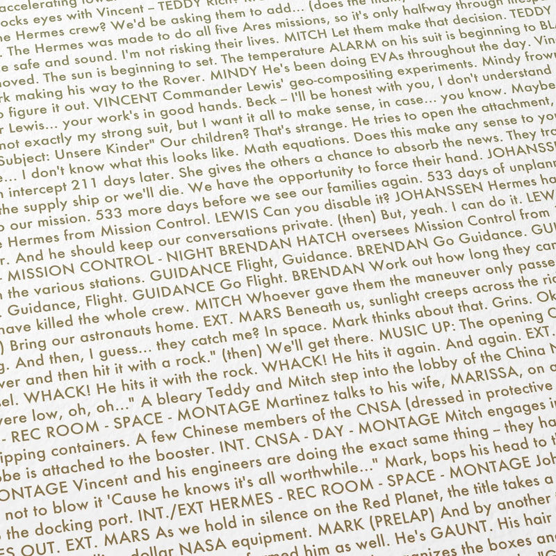 Close-up detail of the The Martian movie script poster showing dense typographic text.