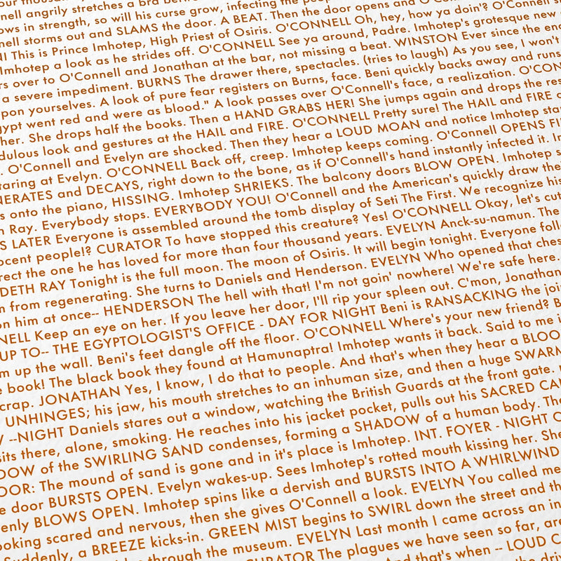 Close-up detail of the The Mummy movie script poster showing dense typographic text.