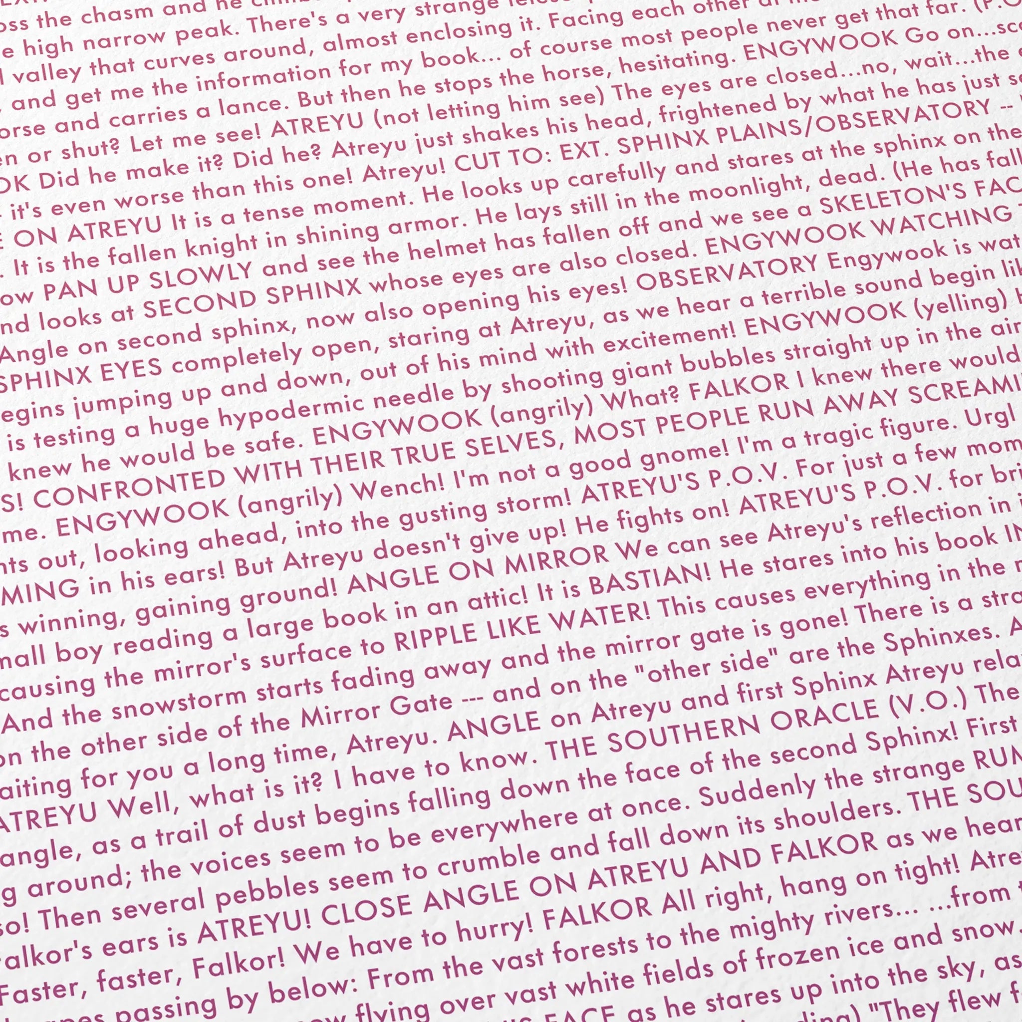 Close-up detail of the The NeverEnding Story movie script poster showing dense typographic text.