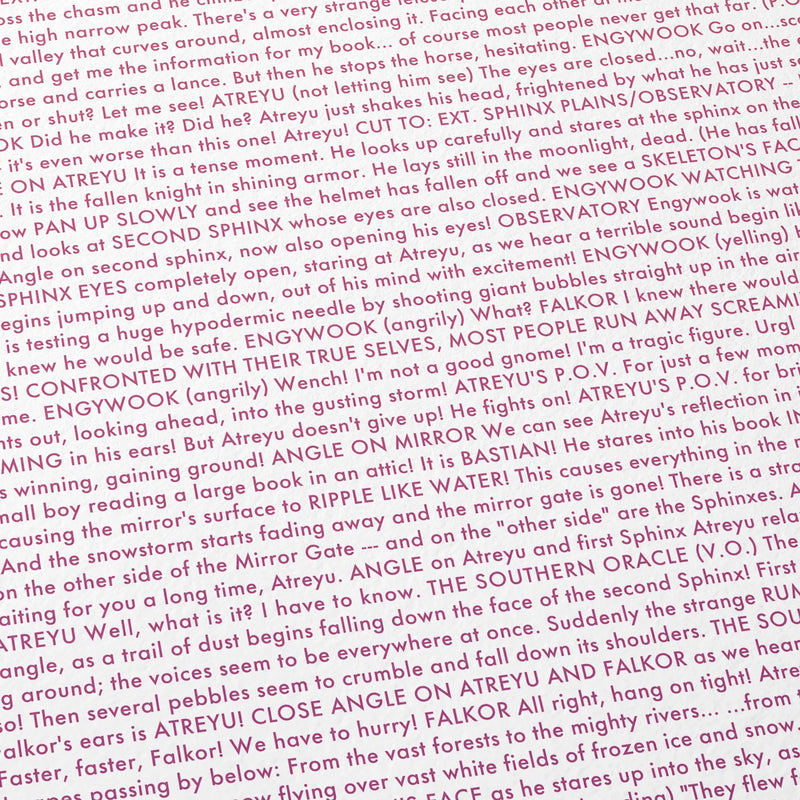 Close-up detail of the The NeverEnding Story movie script poster showing dense typographic text.