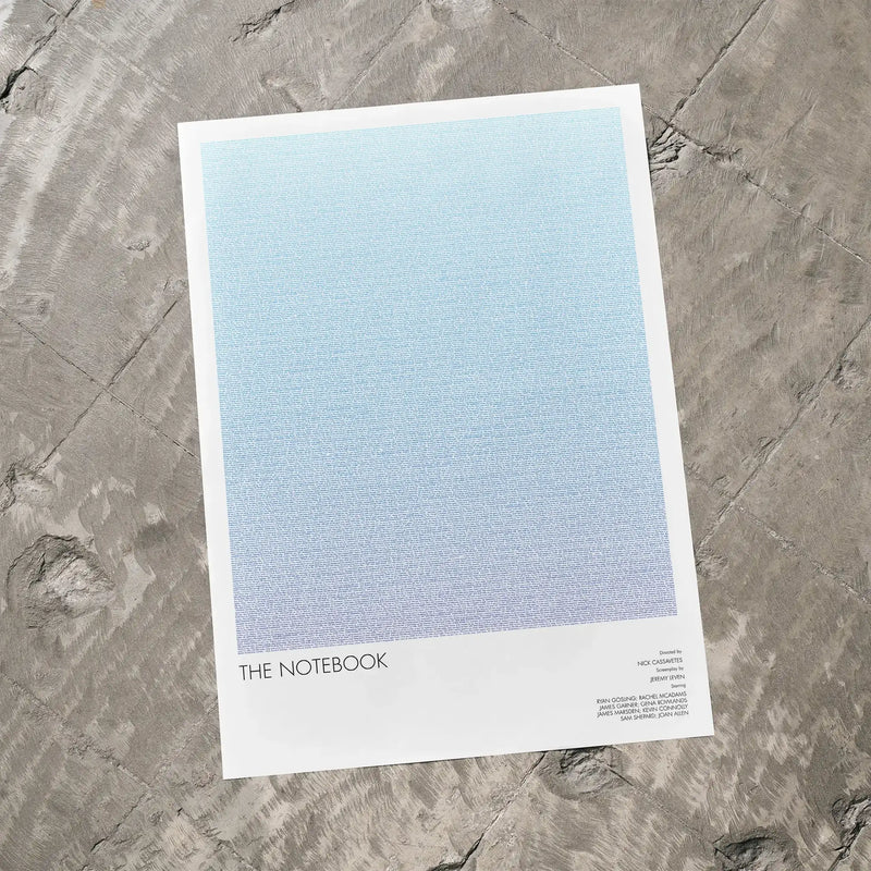A The Notebook movie script poster laid flat on a textured floor surface.