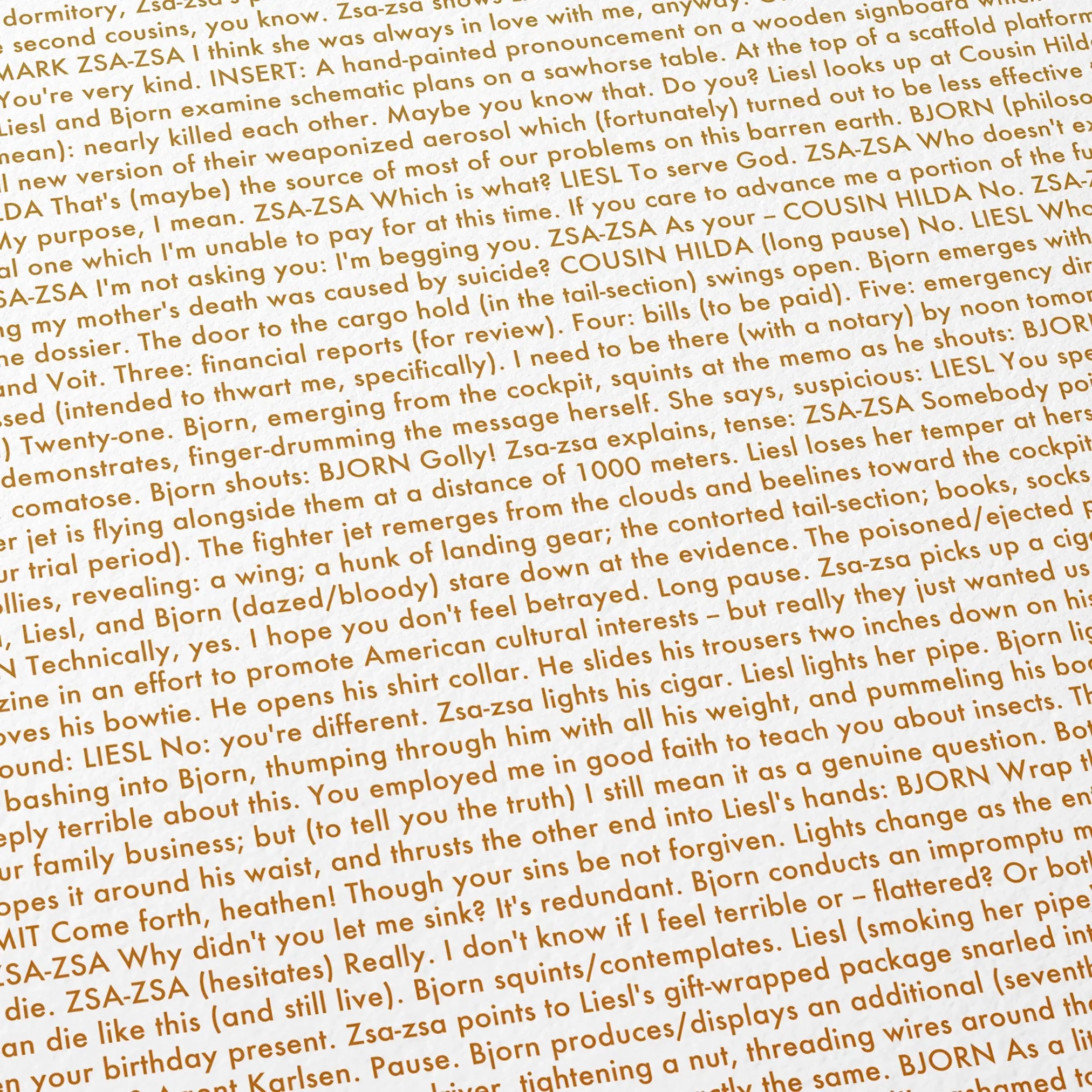 Close-up detail of the The Phoenician Scheme movie script poster showing dense typographic text.