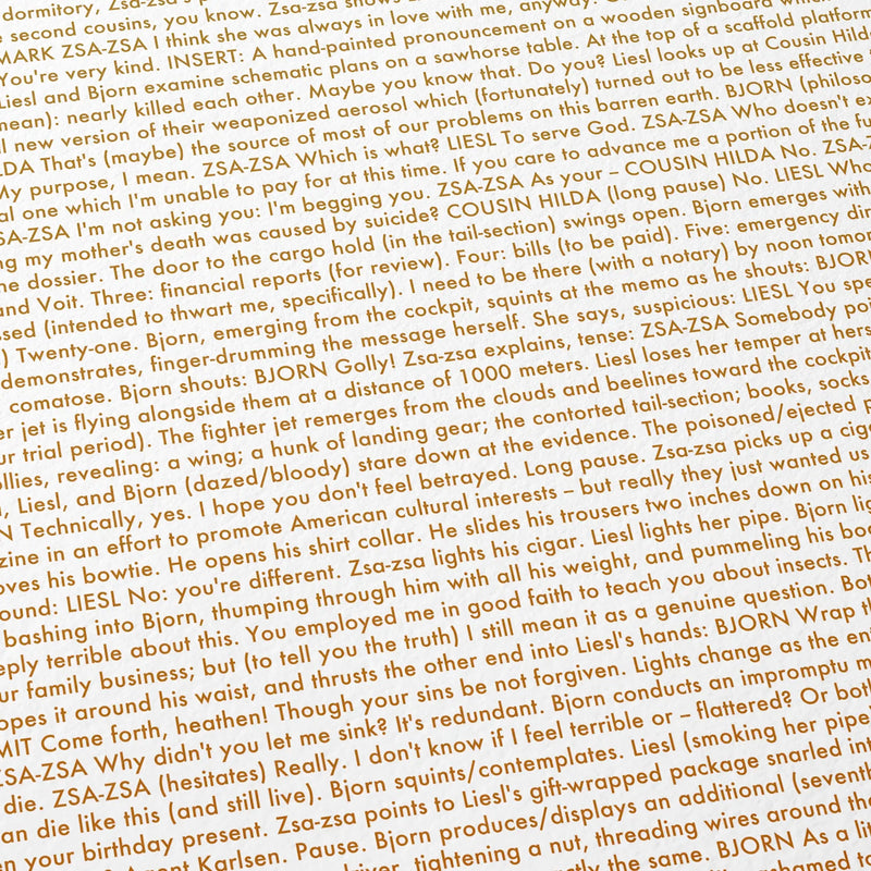 Close-up detail of the The Phoenician Scheme movie script poster showing dense typographic text.