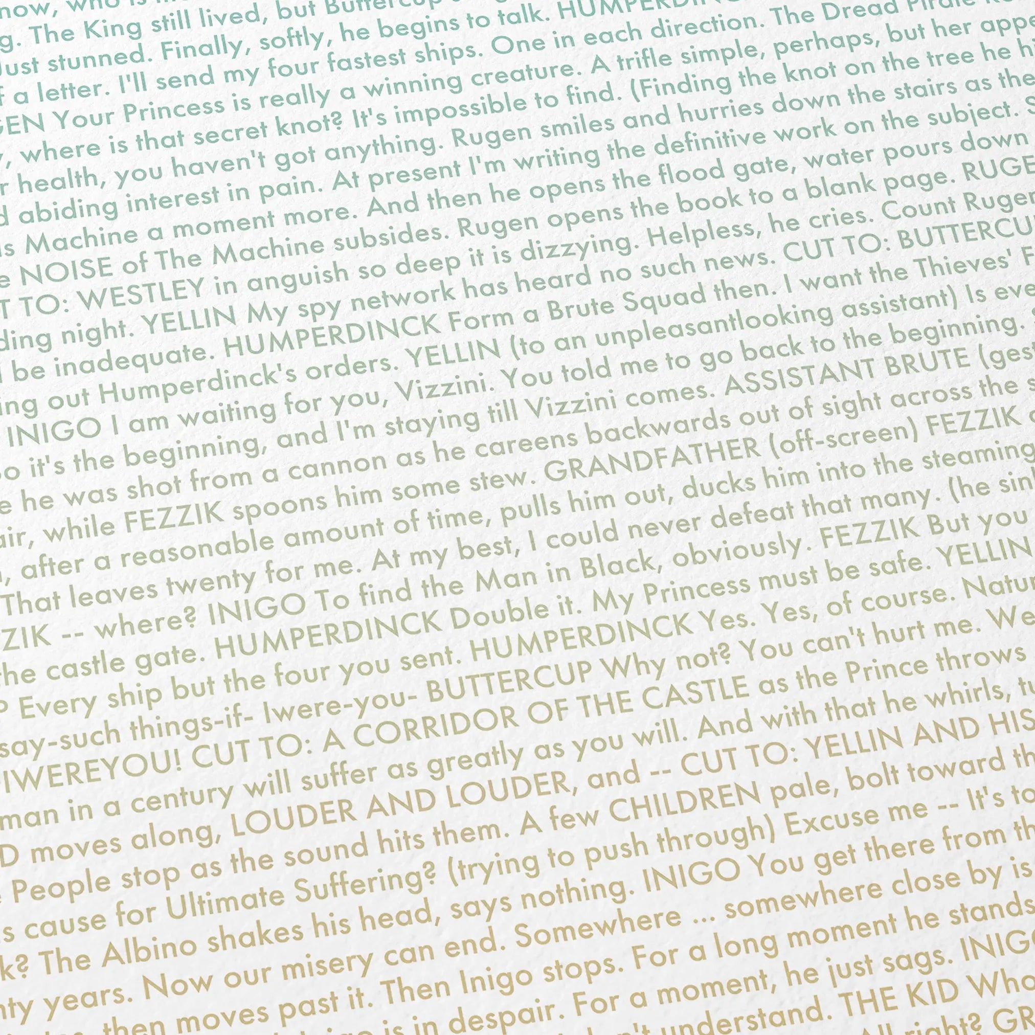 Close-up detail of the The Princess Bride movie script poster showing dense typographic text.