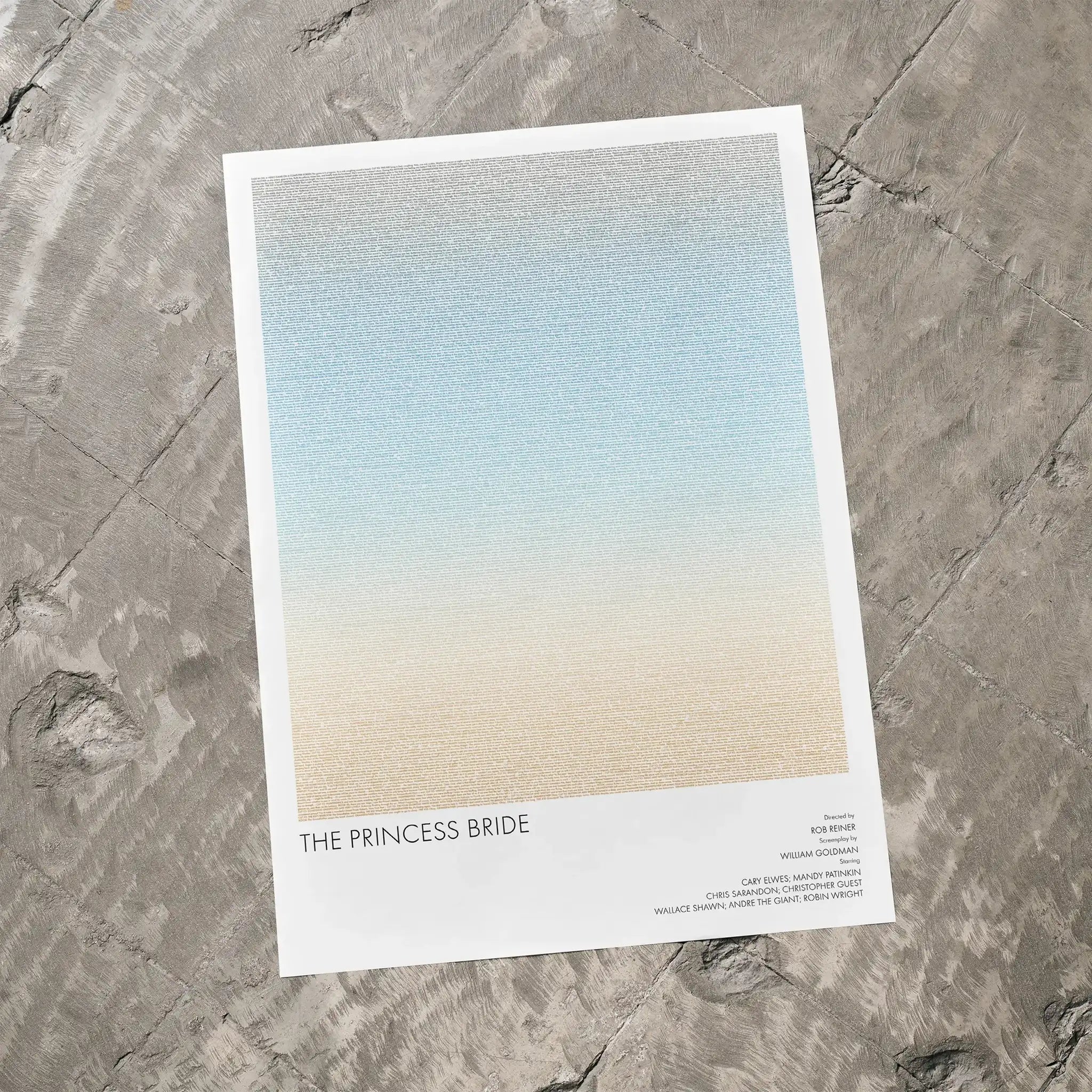 A The Princess Bride movie script poster laid flat on a textured floor surface.