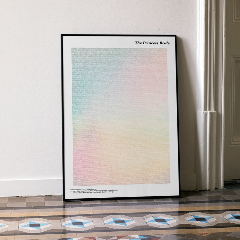 A framed The Princess Bride movie script poster leaning against a wall in a minimalist interior.