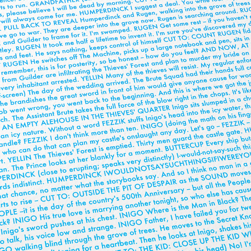Close-up detail of the The Princess Bride movie script poster showing dense typographic text.