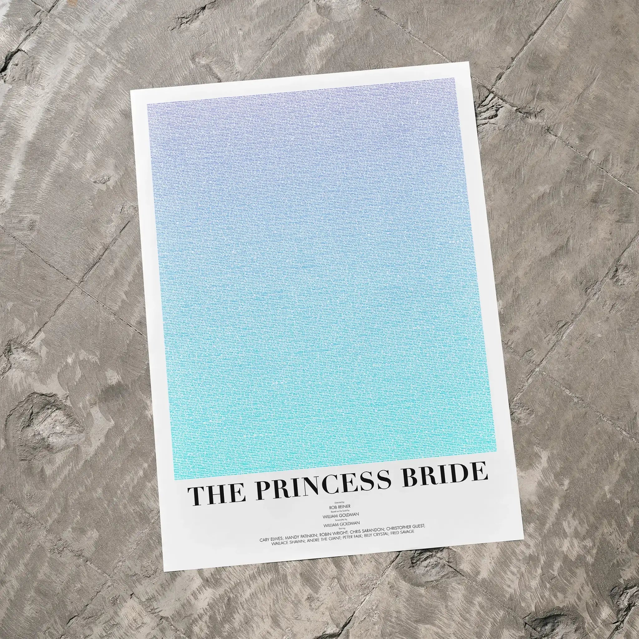 A The Princess Bride movie script poster laid flat on a textured floor surface.