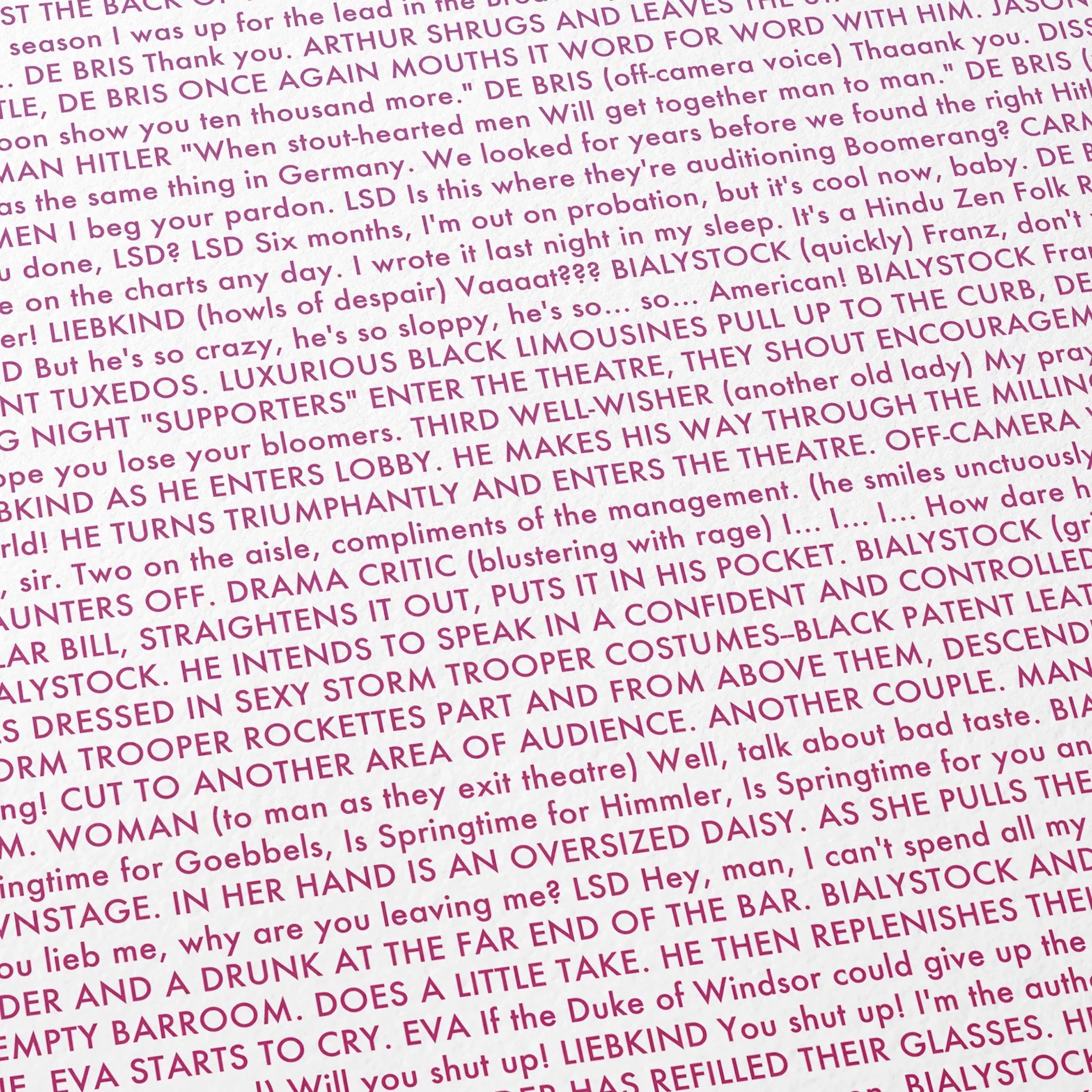 Close-up detail of the The Producers movie script poster showing dense typographic text.