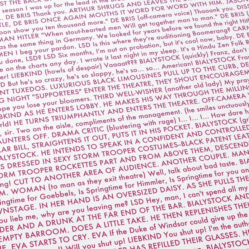 Close-up detail of the The Producers movie script poster showing dense typographic text.