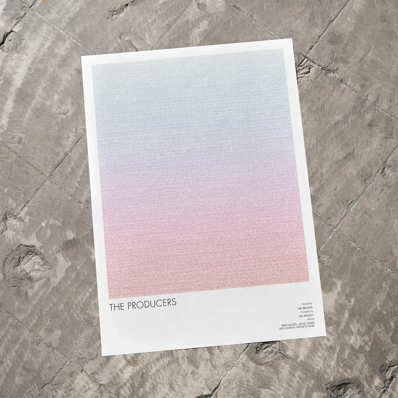 A The Producers movie script poster laid flat on a textured floor surface.