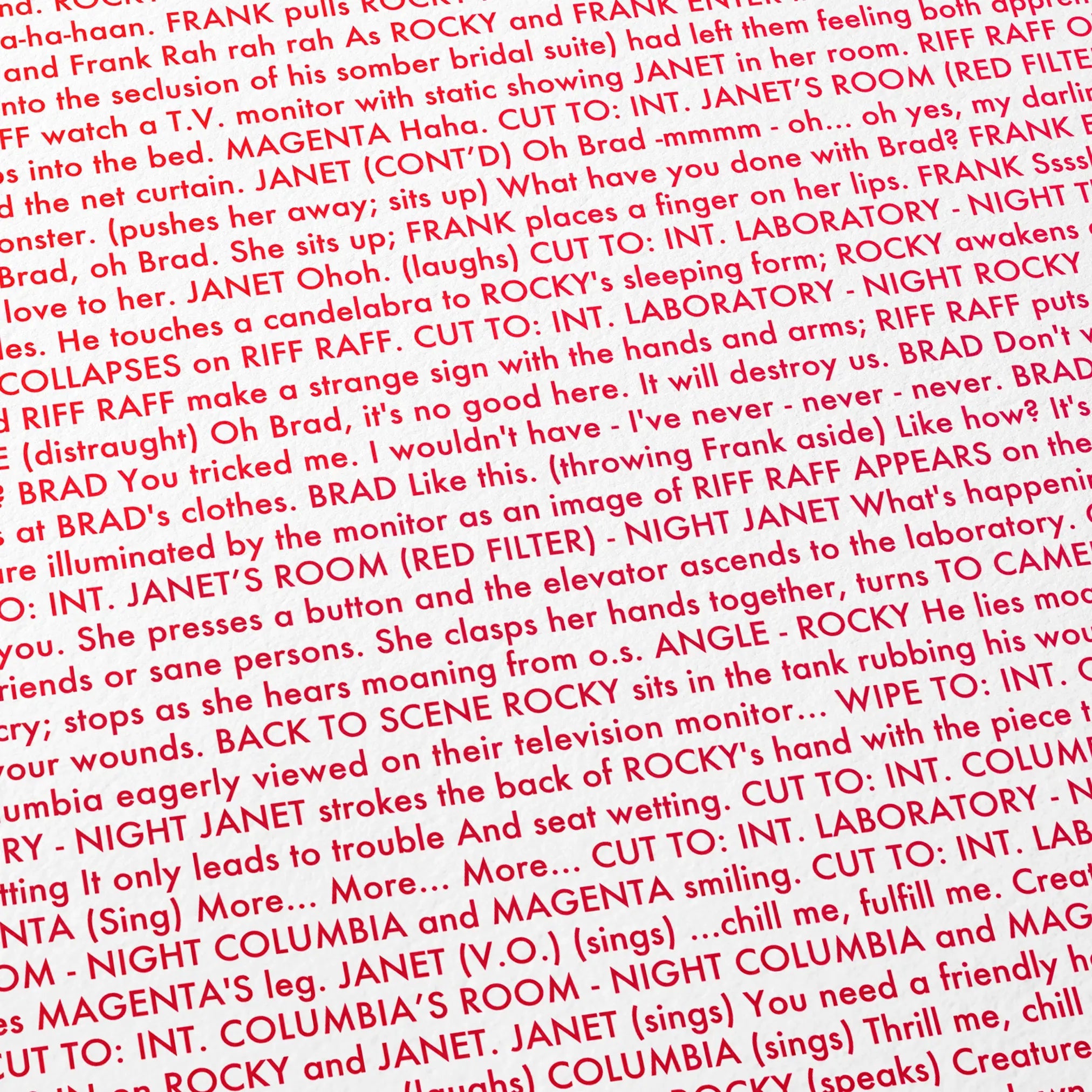 Close-up detail of the The Rocky Horror Picture Show movie script poster showing dense typographic text.