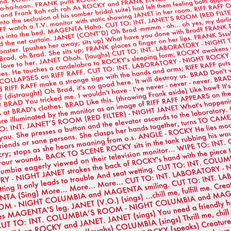 Close-up detail of the The Rocky Horror Picture Show movie script poster showing dense typographic text.