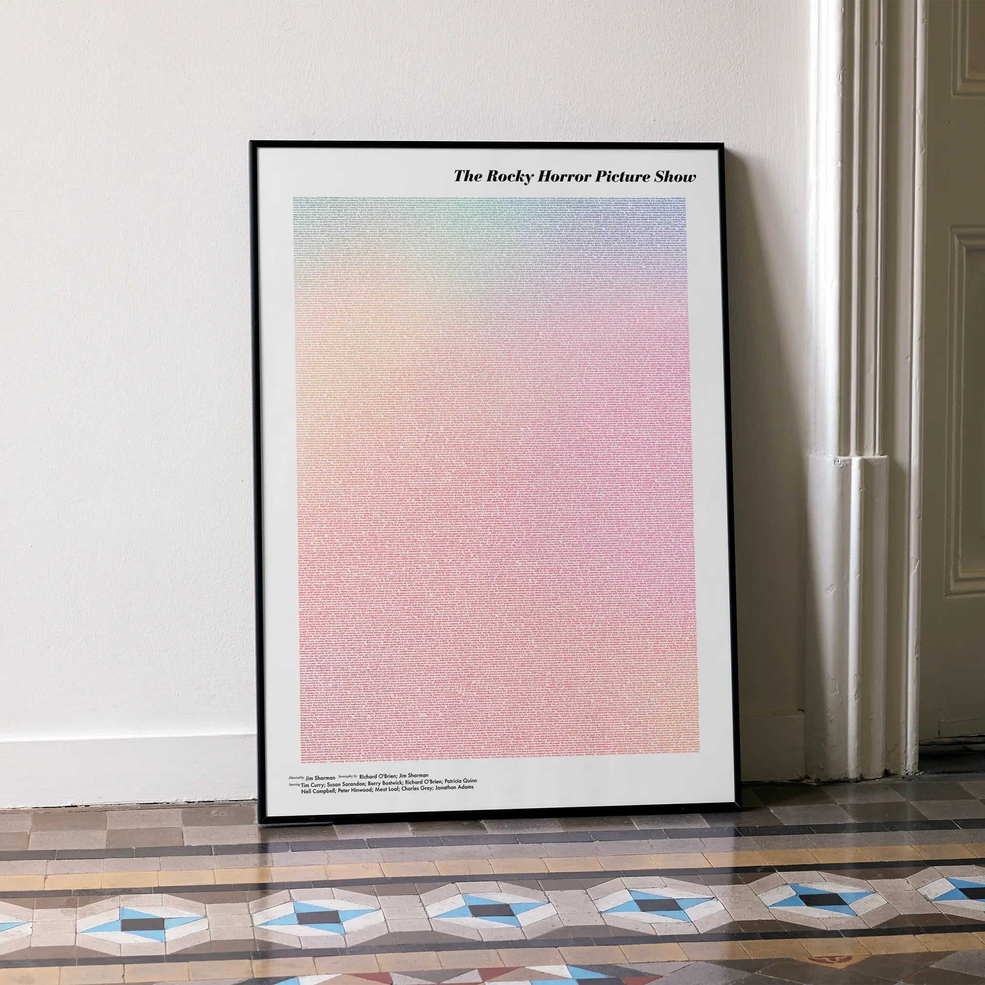 A framed The Rocky Horror Picture Show movie script poster leaning against a wall in a minimalist interior.