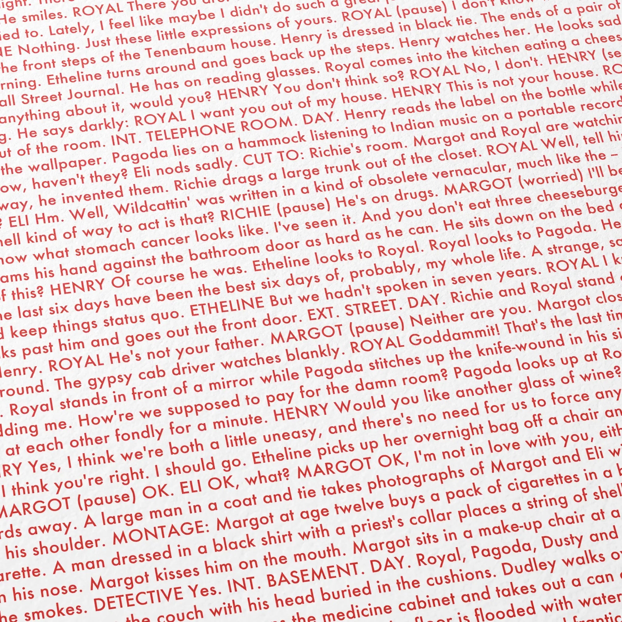 Close-up detail of the The Royal Tenenbaums movie script poster showing dense typographic text.