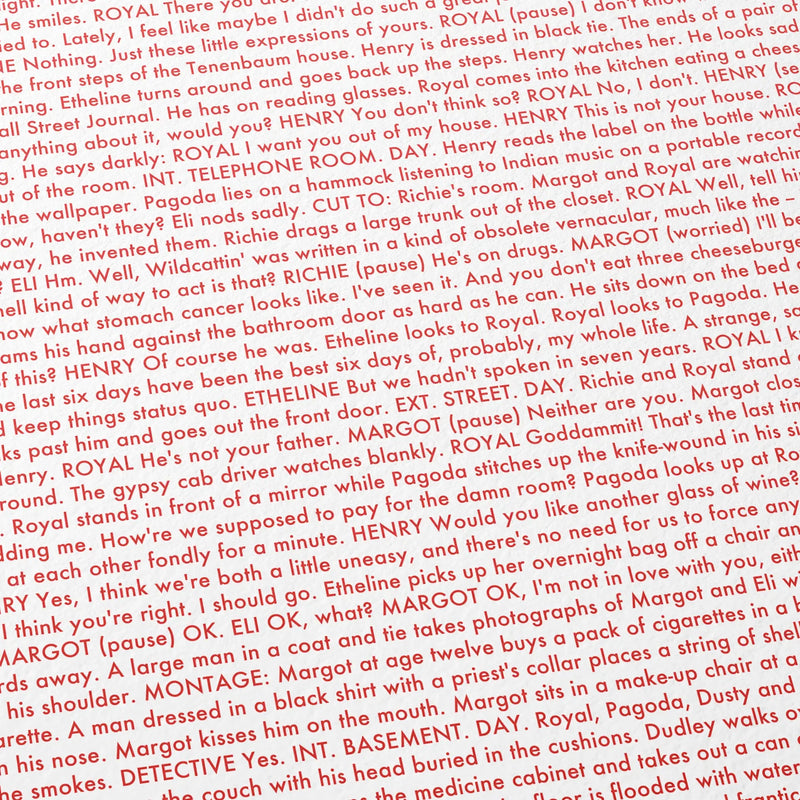 Close-up detail of the The Royal Tenenbaums movie script poster showing dense typographic text.