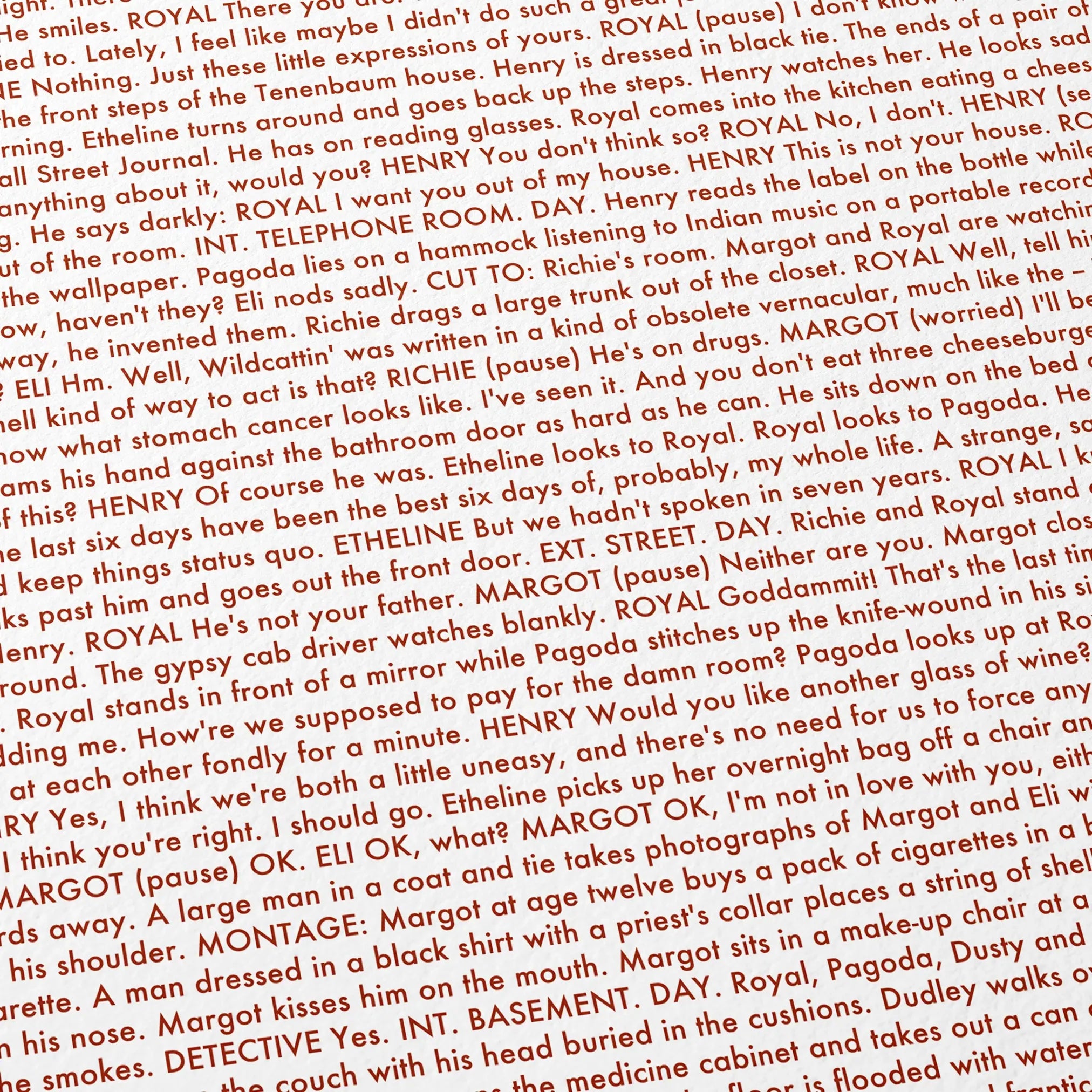 Close-up detail of the The Royal Tenenbaums movie script poster showing dense typographic text.