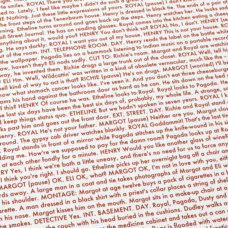 Close-up detail of the The Royal Tenenbaums movie script poster showing dense typographic text.