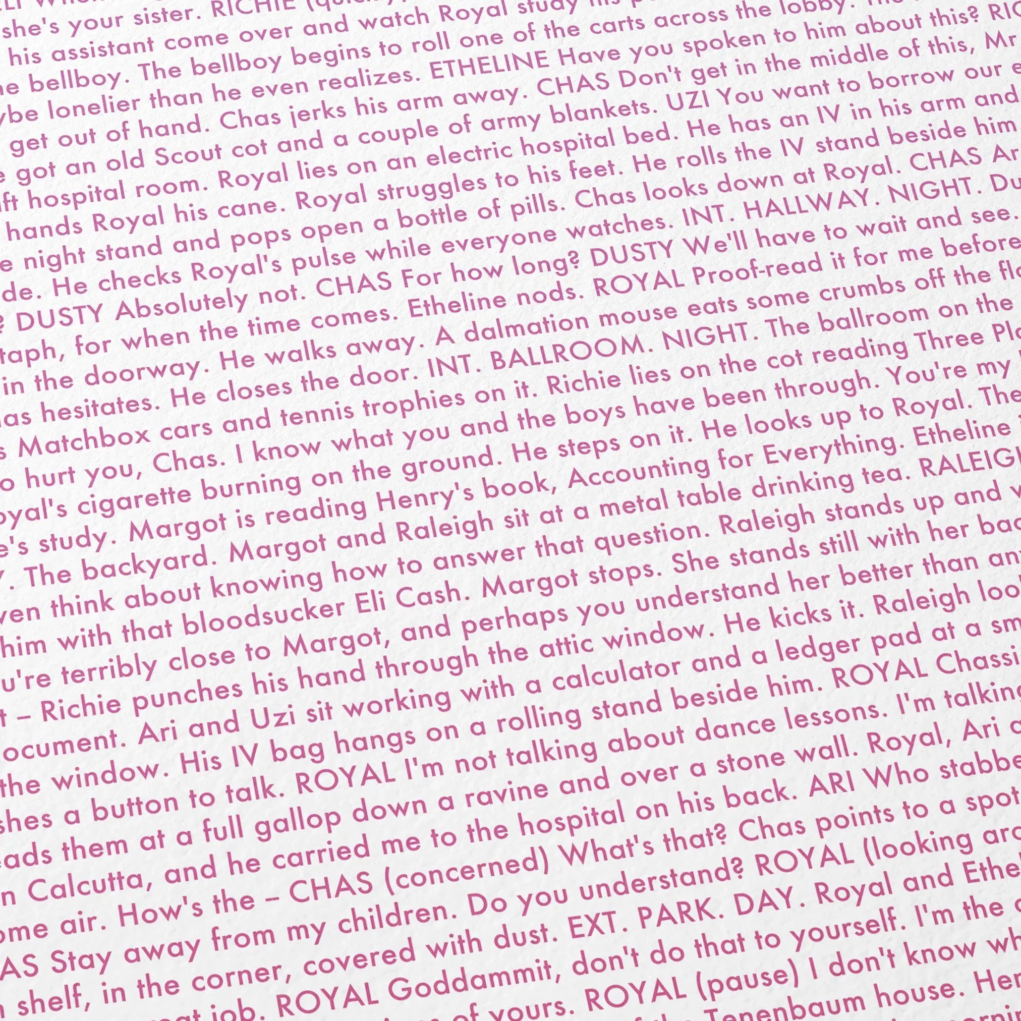 Close-up detail of the The Royal Tenenbaums movie script poster showing dense typographic text.