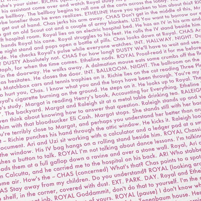 Close-up detail of the The Royal Tenenbaums movie script poster showing dense typographic text.