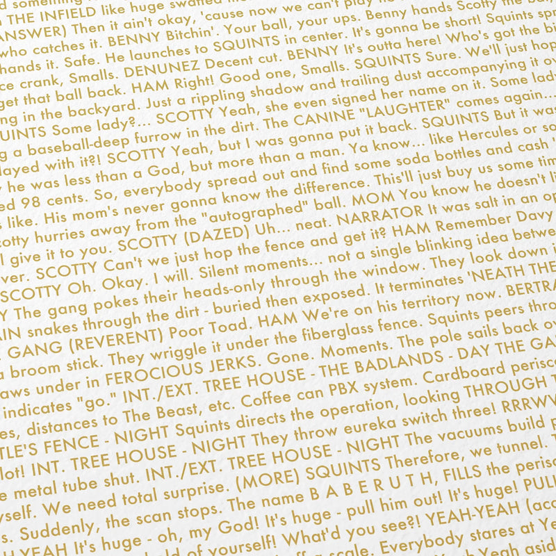 Close-up detail of the The Sandlot movie script poster showing dense typographic text.