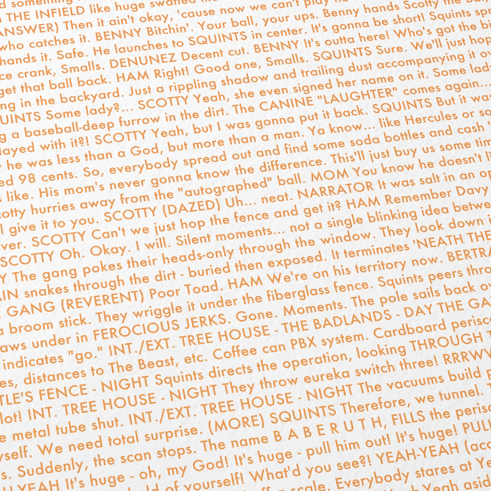 Close-up detail of the The Sandlot movie script poster showing dense typographic text.