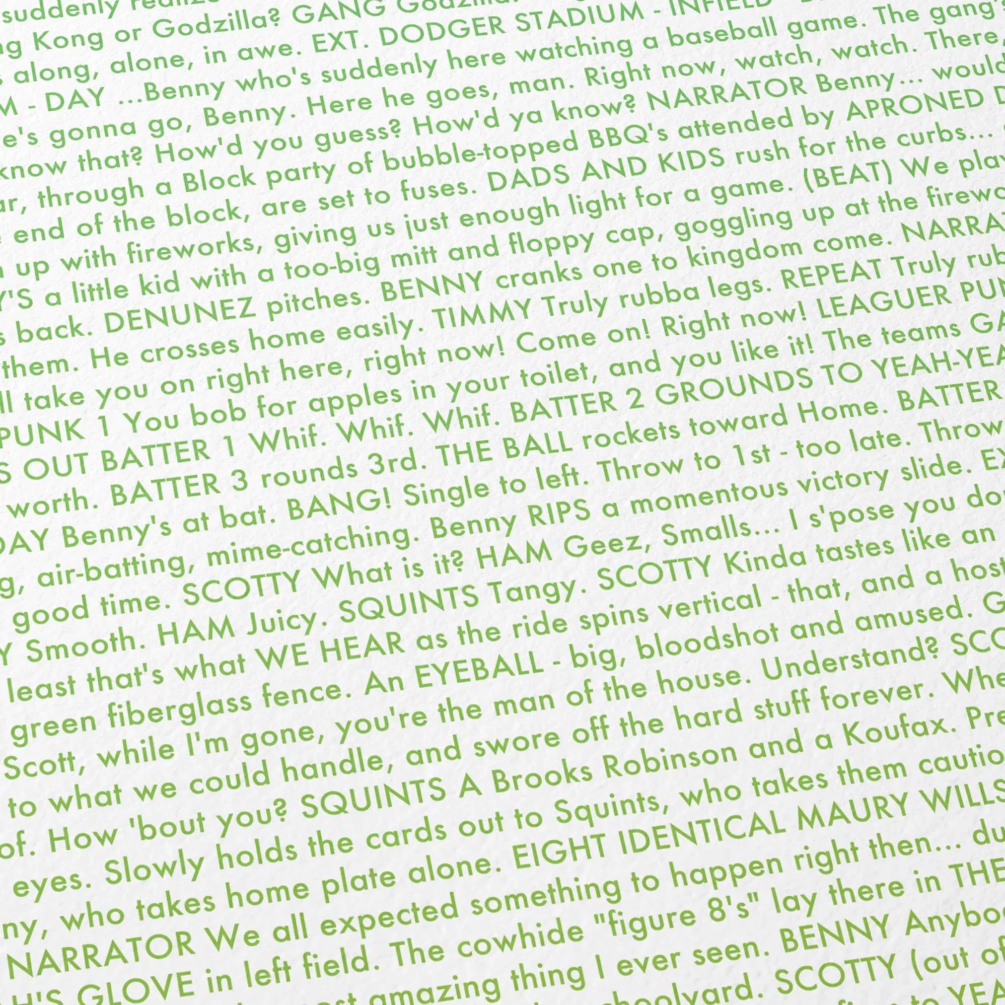 Close-up detail of the The Sandlot movie script poster showing dense typographic text.