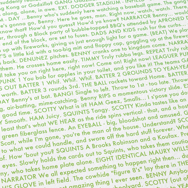Close-up detail of the The Sandlot movie script poster showing dense typographic text.
