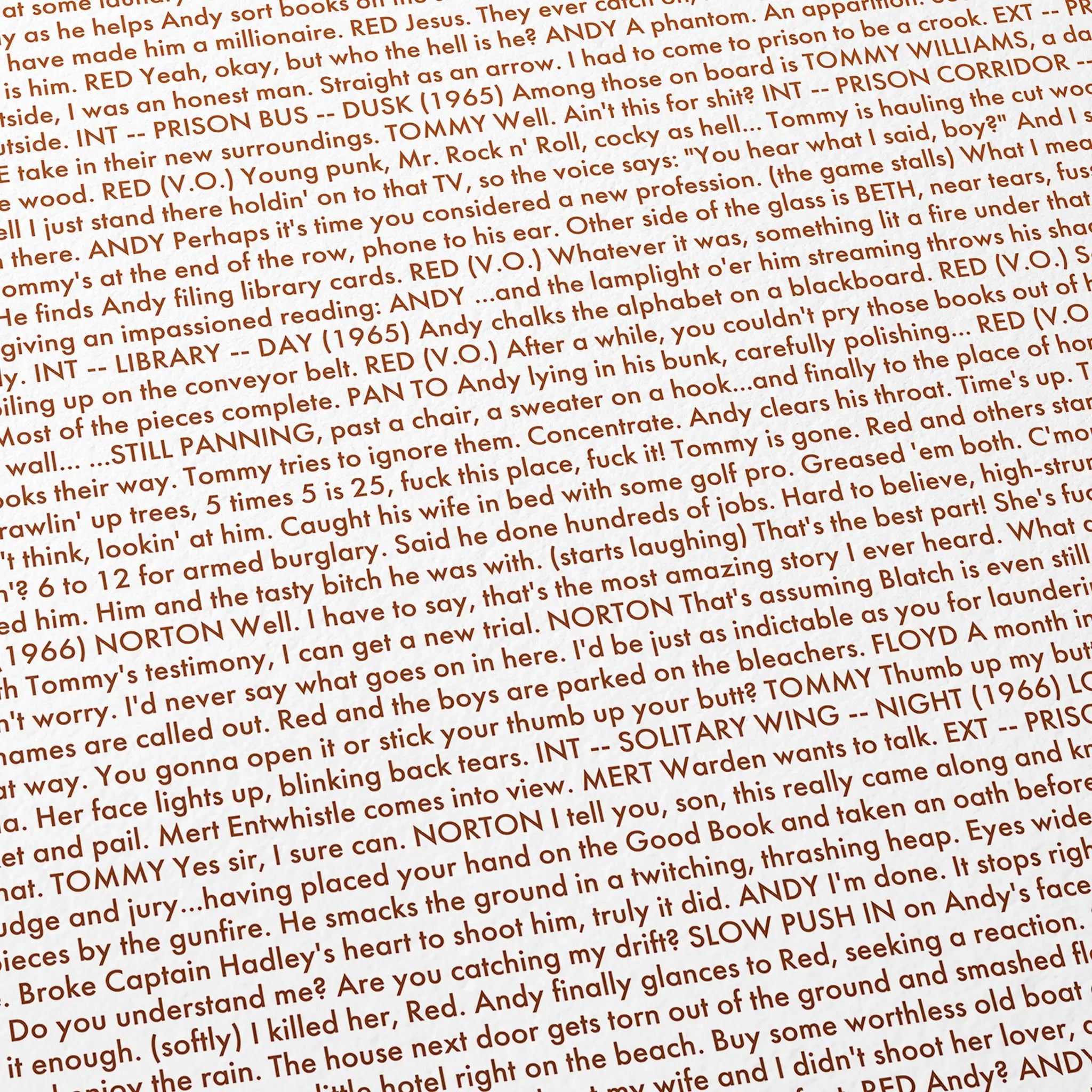 Close-up detail of the The Shawshank Redemption movie script poster showing dense typographic text.