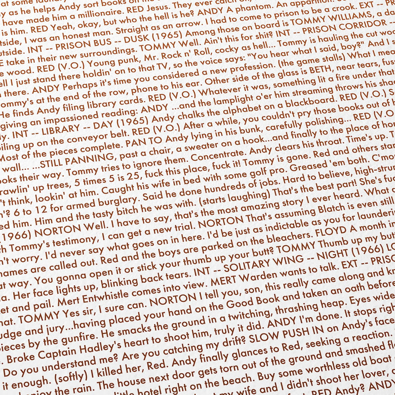 Close-up detail of the The Shawshank Redemption movie script poster showing dense typographic text.